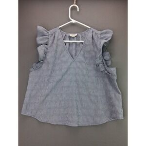 On-34th Gingham Ruffle Sleeve Top Womens Large Blue Seersucker V-Neck Blouse